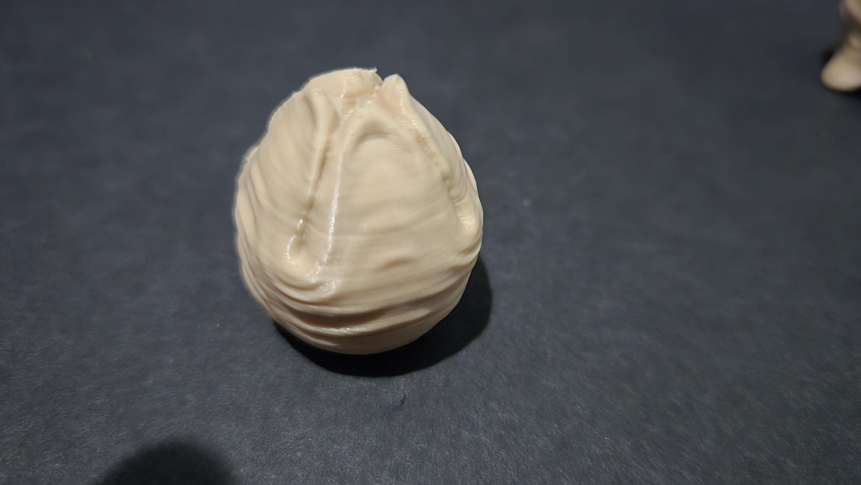 Isolated view of the closed 3D printed Ovomorph egg figure with organic, weathered texture
