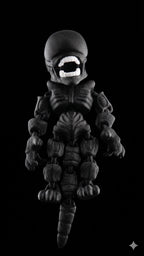 Full 3D printed Xenomorph flexi figure with white inner jaw detail standing upright on a black background as the main product view