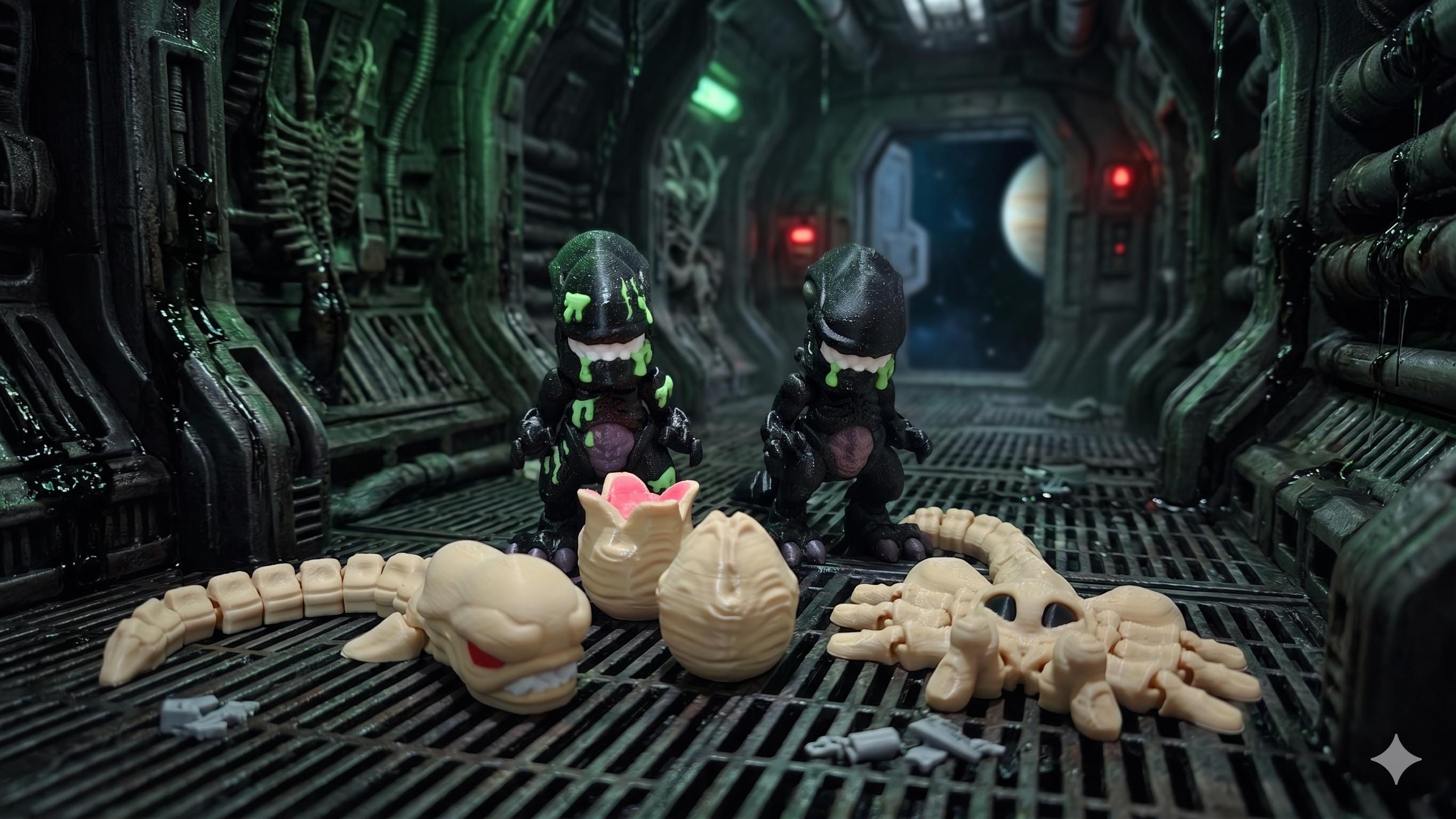 Complete Alien Xenomorph life cycle collector set displayed in a dark, cinematic space-station diorama background