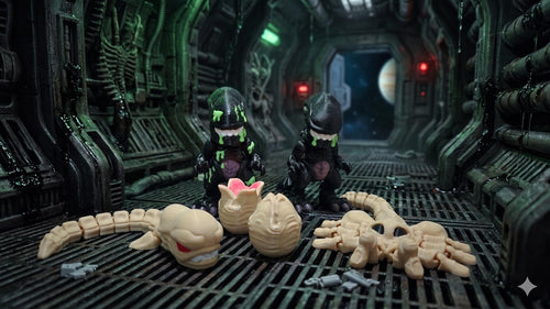 Complete Alien Xenomorph life cycle collector set displayed in a dark, cinematic space-station diorama background