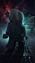 Oversized Alien Xenomorph brick megafig standing in a cinematic sci-fi corridor background
