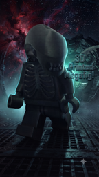 Oversized Alien Xenomorph brick megafig standing in a cinematic sci-fi corridor background