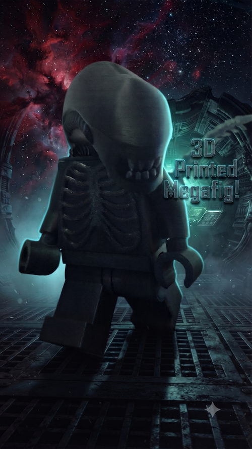 Oversized Alien Xenomorph brick megafig standing in a cinematic sci-fi corridor background