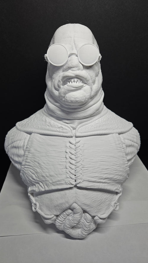 unpainted white 3D printed Butterball Cenobite bust from Hellraiser shown from a front angle as a main product display