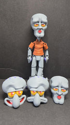 Articulated cartoon neighbor figure shown with all available swappable face plate options