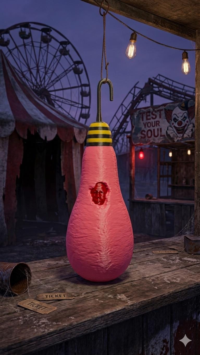 Killer Klowns cotton candy cocoon prop hanging in a spooky circus-themed diorama background
