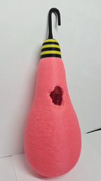 Straight front view of the 3D printed cotton candy cocoon prop showcasing the black-and-yellow striped hanging hook