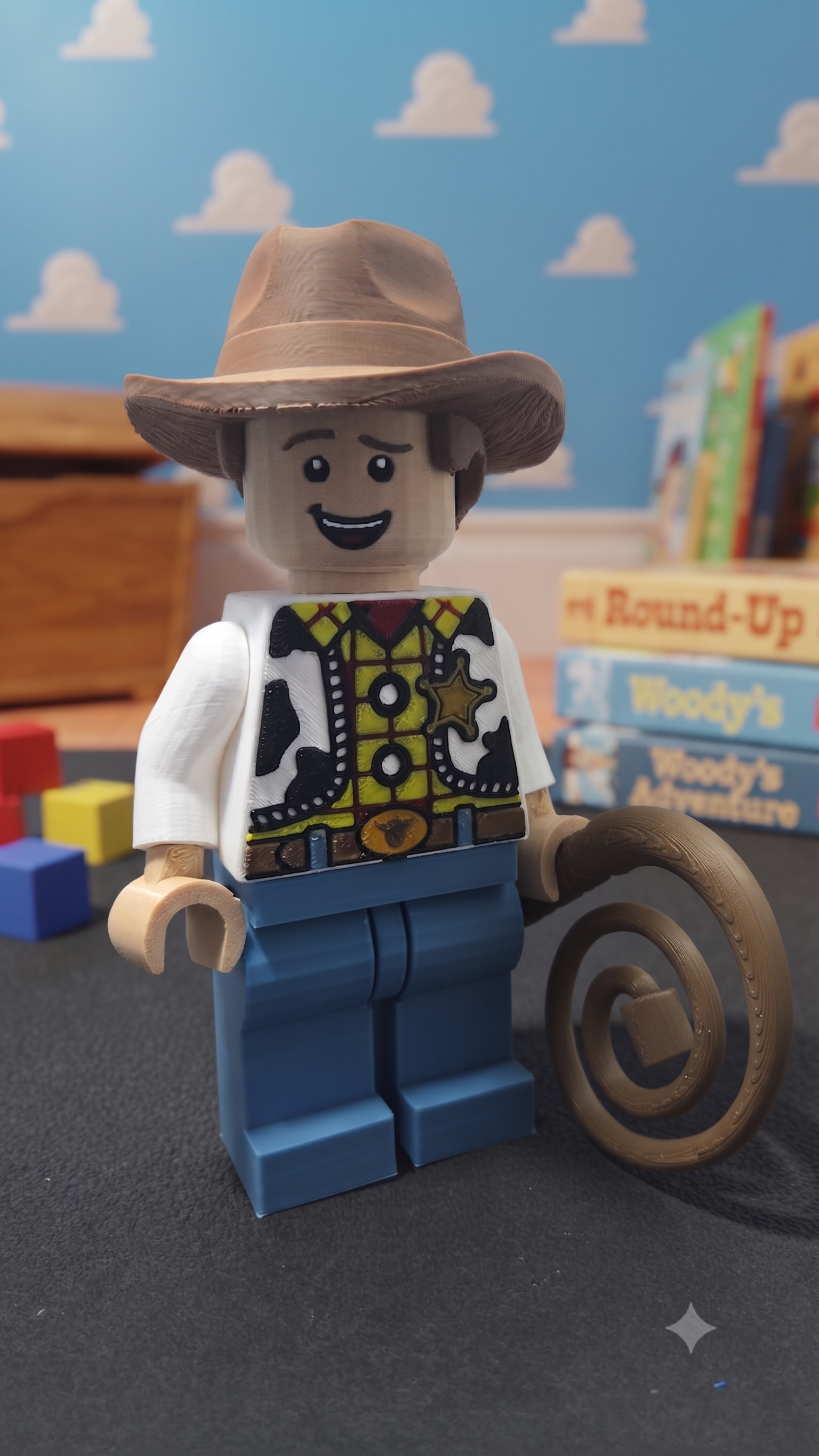Oversized cowboy sheriff brick megafig standing with a lasso in a toy room background