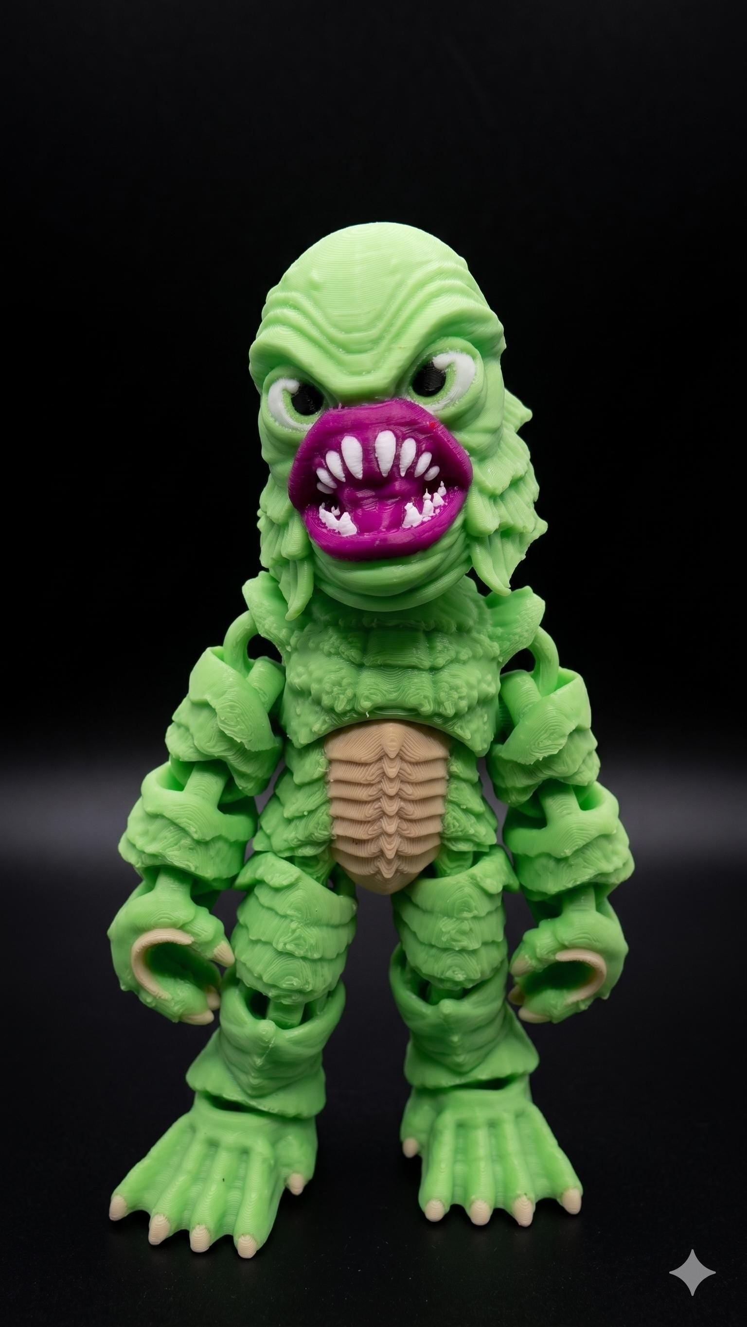 Straight front view focusing on the detailed webbed hands, facial fins, and green scales of the flexible Gill-man figure