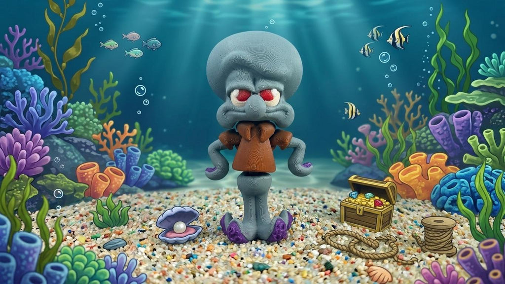 Close-up of the 3D printed blue cynical neighbor character figure