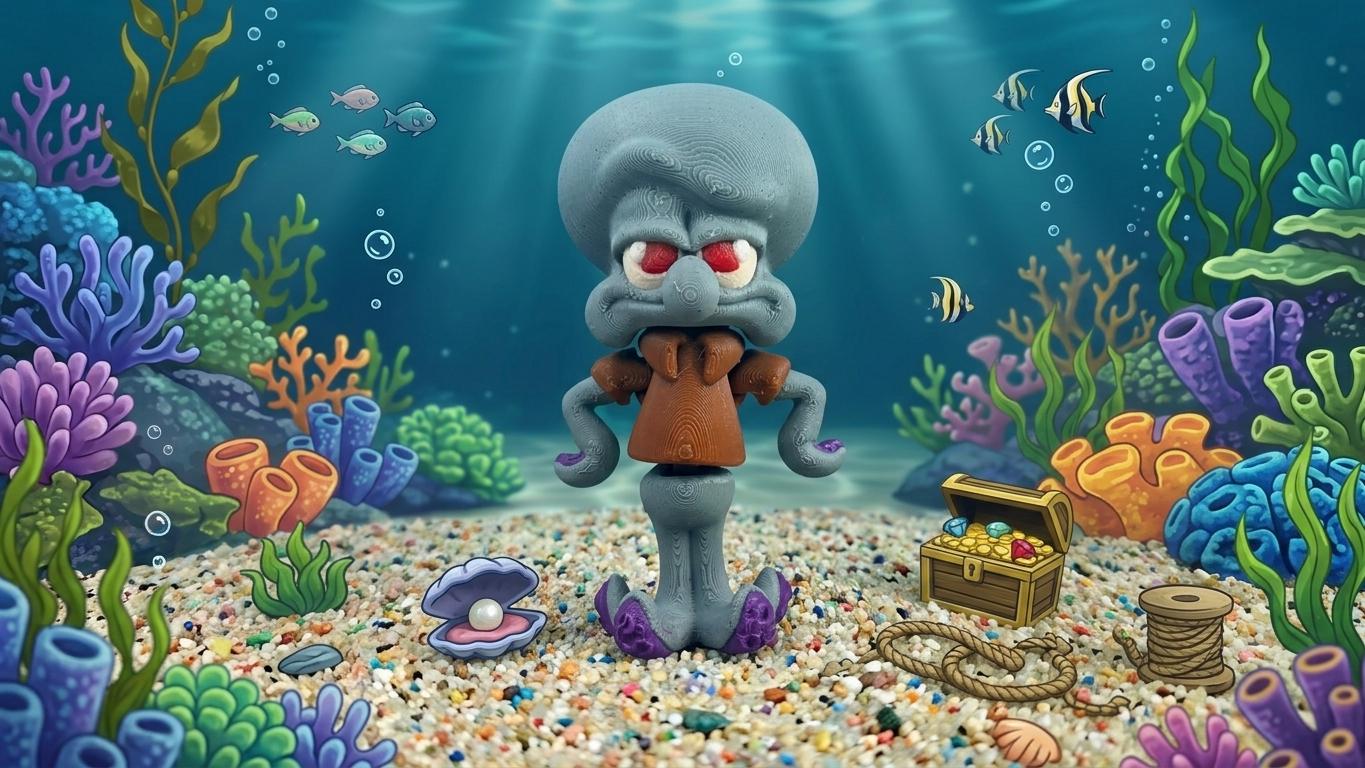 Close-up of the 3D printed blue cynical neighbor character figure