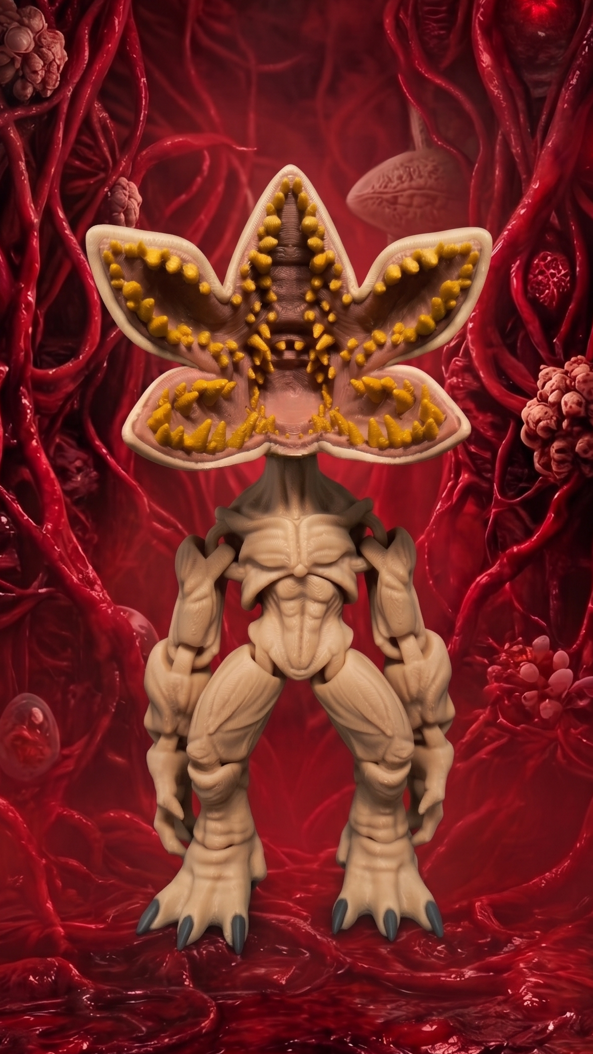 Articulated Demogorgon flexi figure standing against a moody red Upside Down atmospheric background