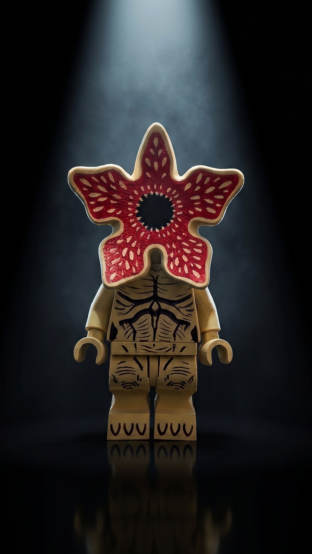 Oversized Demogorgon brick megafig standing against a dark, moody atmospheric background