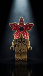 Oversized Demogorgon brick megafig standing against a dark, moody atmospheric background