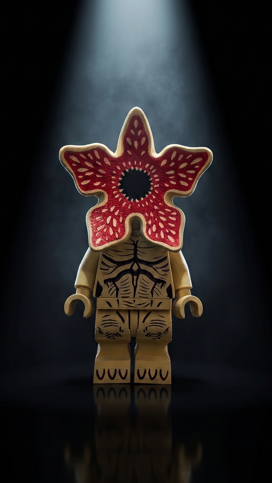 Oversized Demogorgon brick megafig standing against a dark, moody atmospheric background