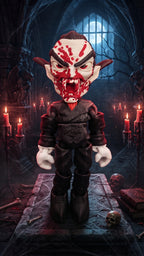7.5-inch articulated Dracula flexi figure standing on a stone crypt platform against a moody castle interior background