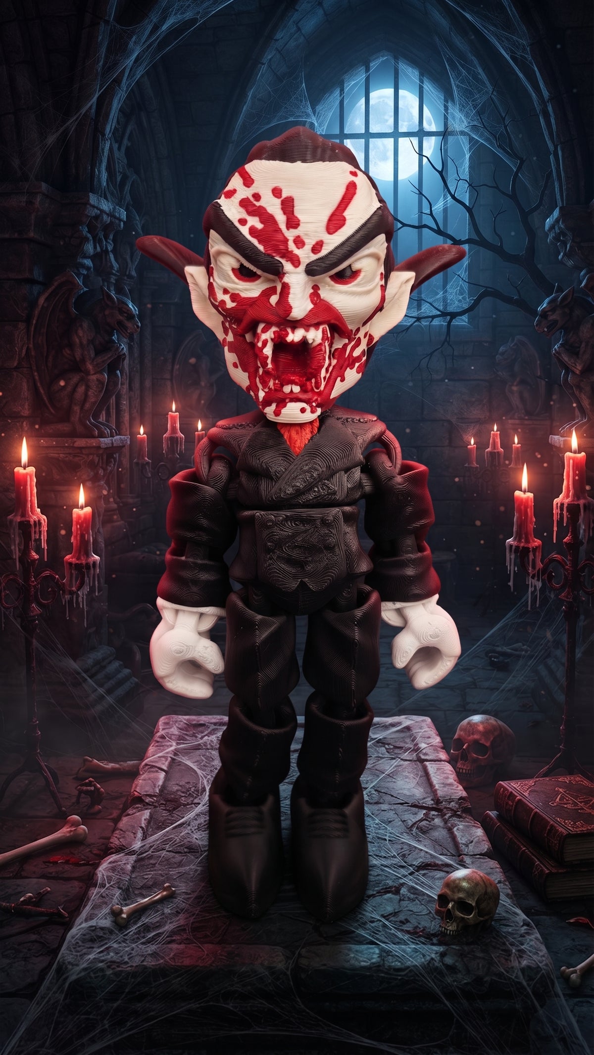 7.5-inch articulated Dracula flexi figure standing on a stone crypt platform against a moody castle interior background
