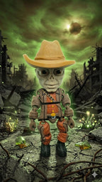 Full-color 3D printed The Ghoul flexi figure from Fallout standing upright in a cinematic wasteland background