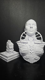 Unpainted 3D printed Female Cenobite bust shown next to its separate display base