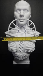 A horizontal yellow measuring tape placed across the shoulders of the Female Cenobite bust to demonstrate its physical width