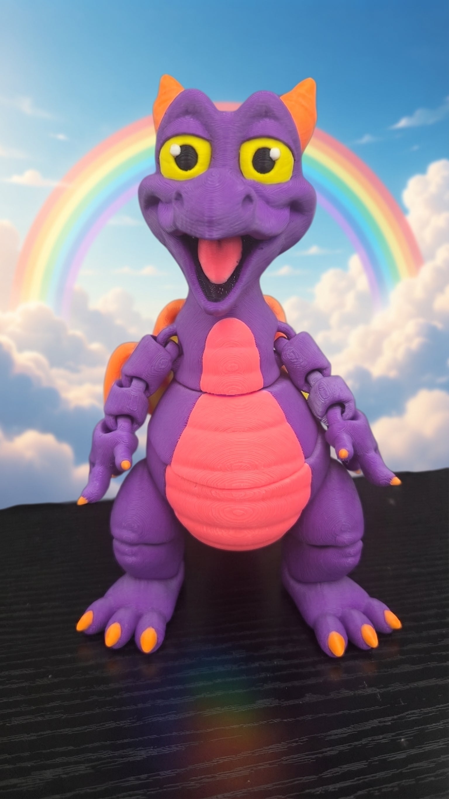 7.25-inch articulated Figment dragon flexi figure standing against a bright, colorful rainbow sky background