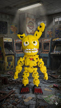 Full-color 3D printed Spring Trap Bonnie flexi figure standing upright in a dark, abandoned arcade diorama background