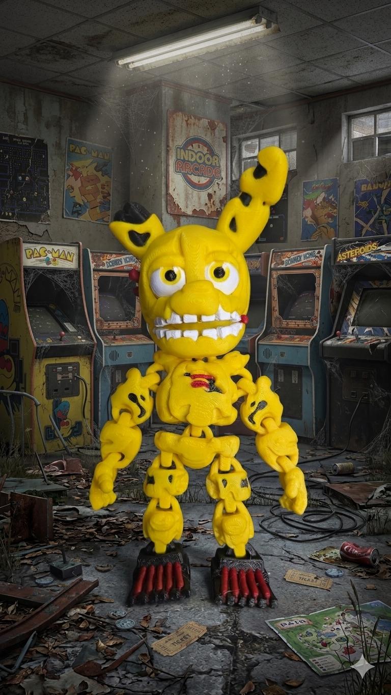 Full-color 3D printed Spring Trap Bonnie flexi figure standing upright in a dark, abandoned arcade diorama background