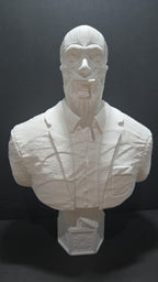 Straight front view of the unpainted white 3D printed Frank Cotton bust on a pedestal showing the raw face sinews and formal suit jacket
