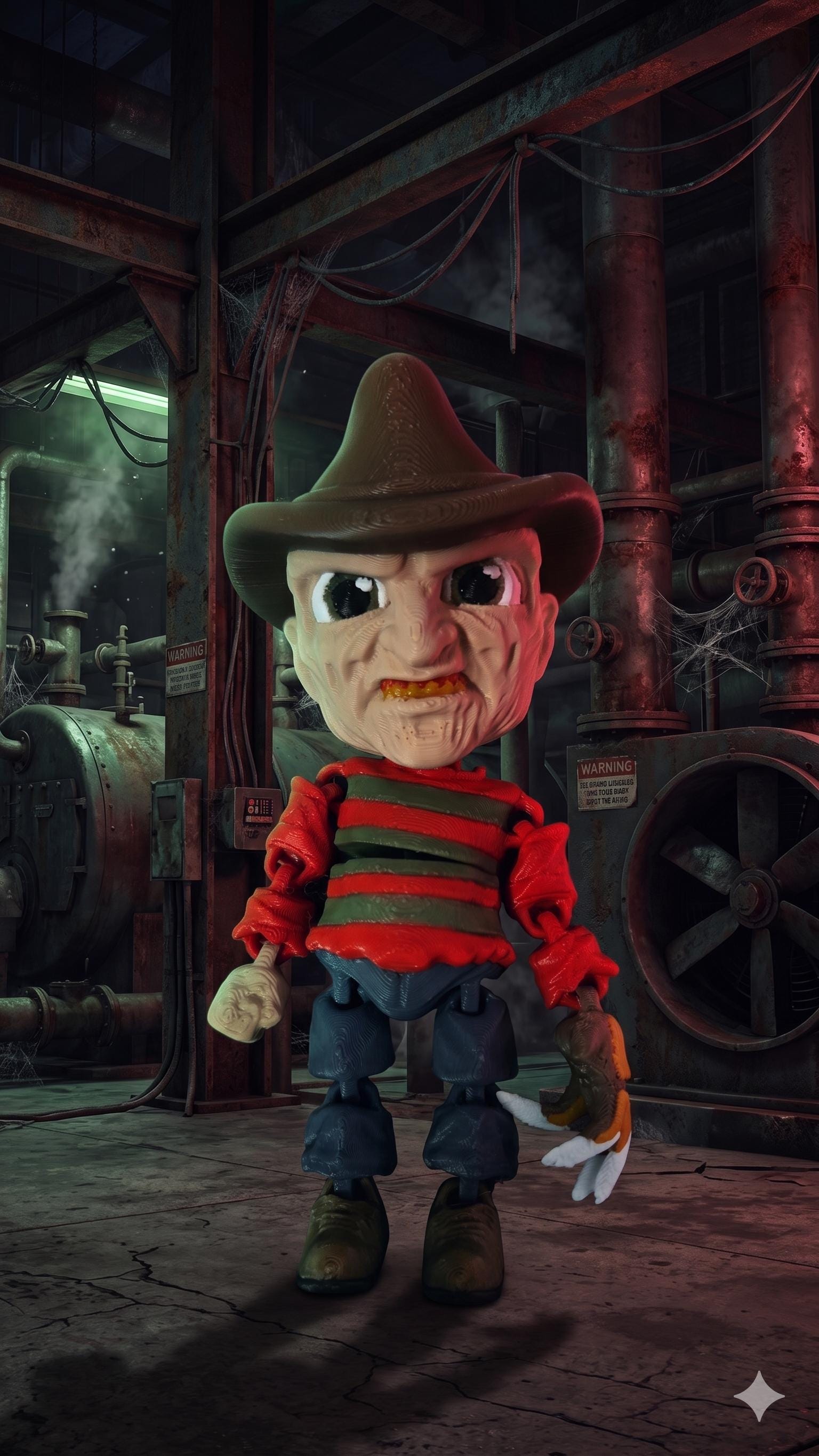 Multi-color 3D printed Freddy Krueger flexi figure standing upright on a flat surface as the main product view