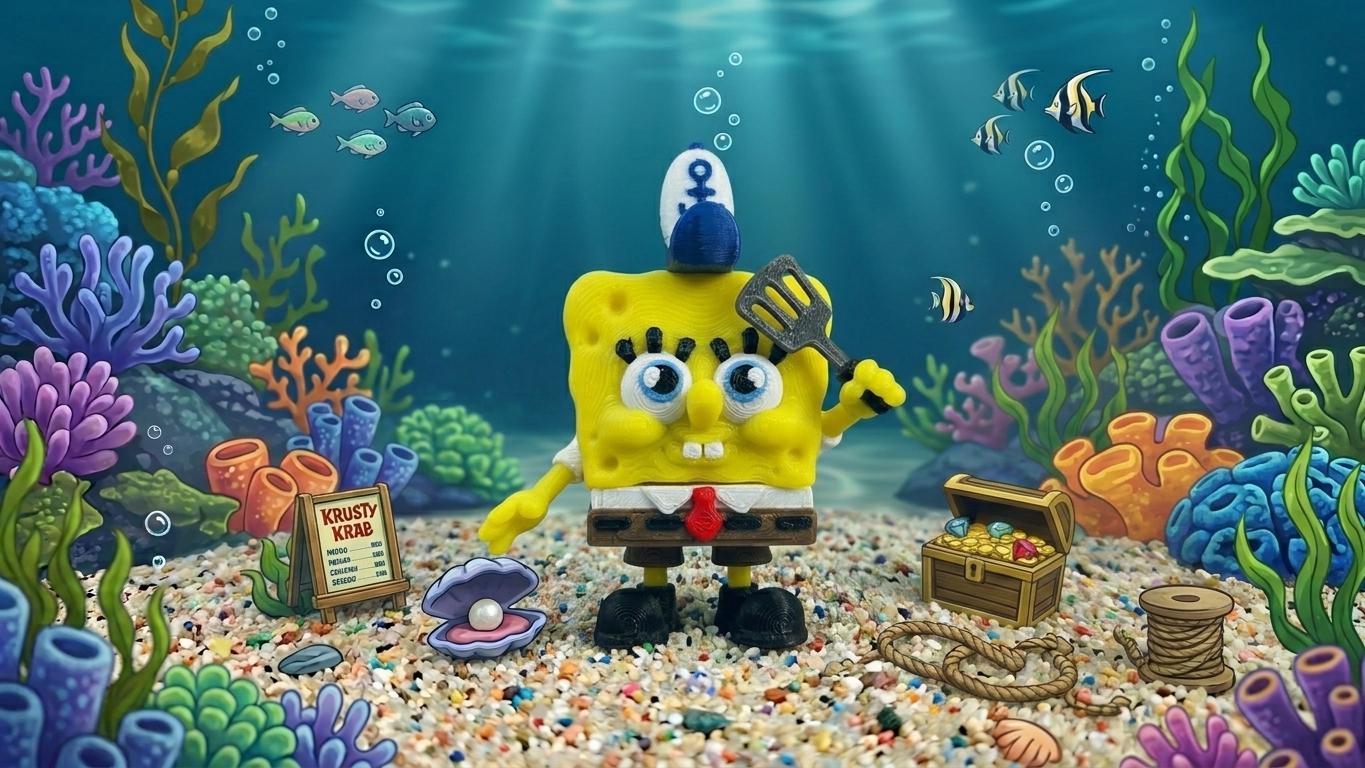 Close-up of the 3D printed yellow square fry-cook character figure with spatula