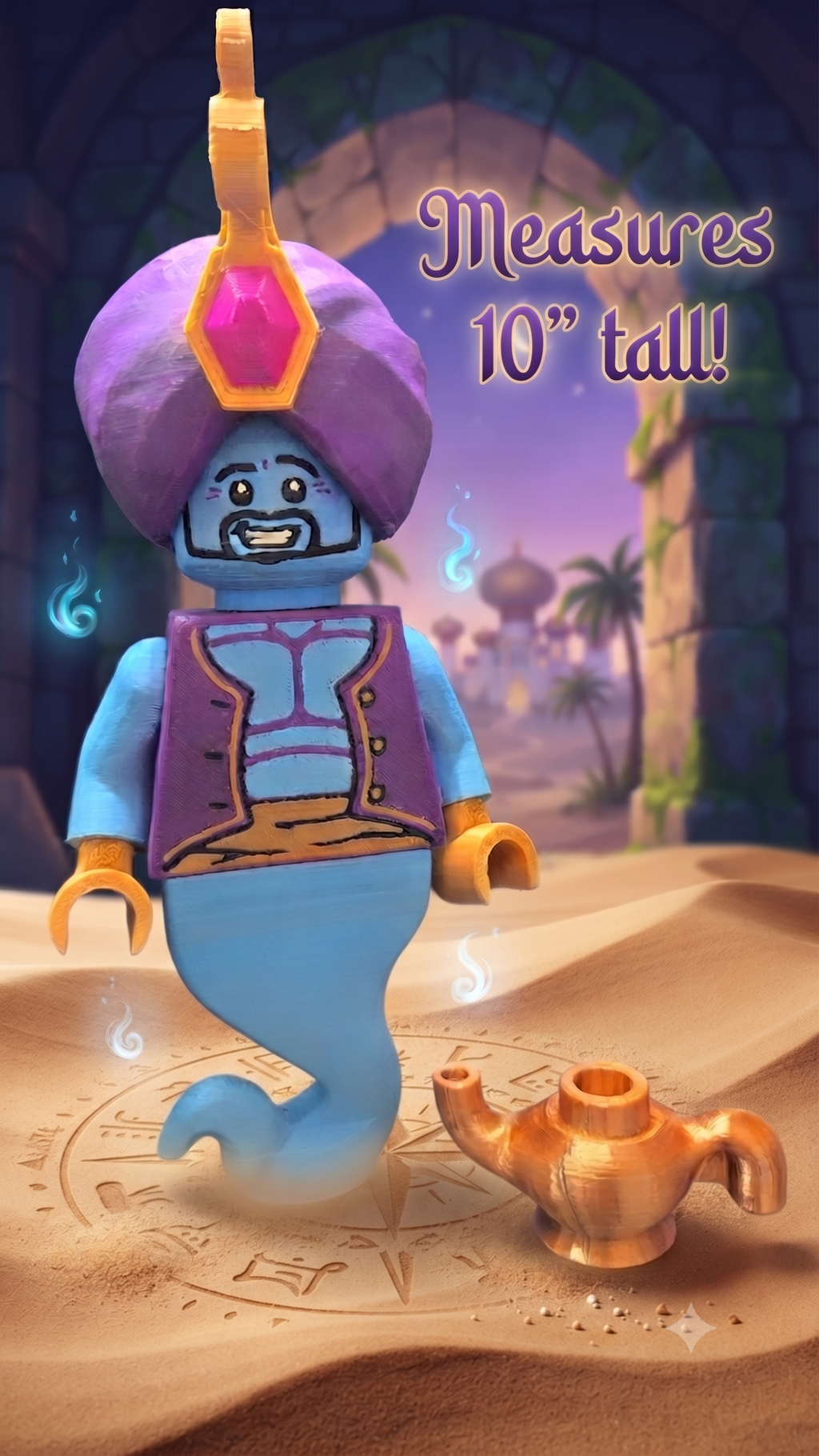 Oversized Genie brick megafig standing with a magic lamp against a magical desert background with a 10 inches tall text overlay