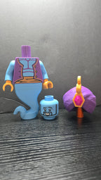 Genie brick megafig shown with its turban removed next to the body and magic lamp accessory