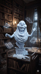 Stylized view of the unpainted Library Ghost diorama standing in a haunted library room background with floating books