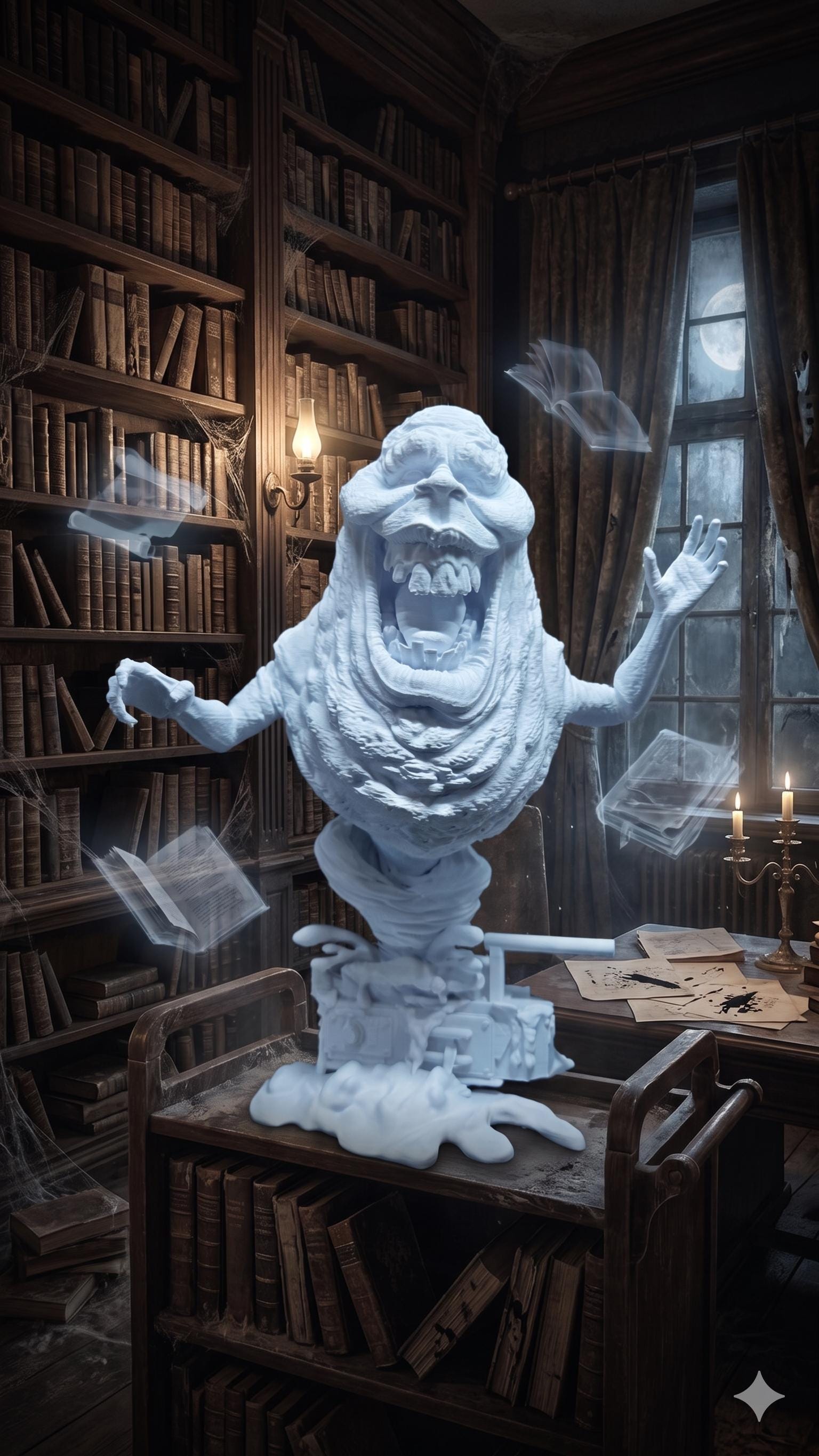 Stylized view of the unpainted Library Ghost diorama standing in a haunted library room background with floating books
