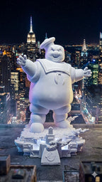 Stylized view of the unpainted Stay Puft Marshmallow Man diorama standing over an NYC street against a dramatic night cityscape background