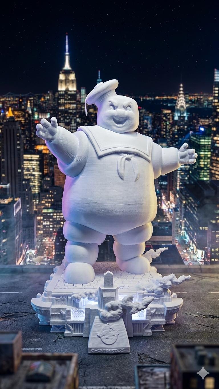 Stylized view of the unpainted Stay Puft Marshmallow Man diorama standing over an NYC street against a dramatic night cityscape background