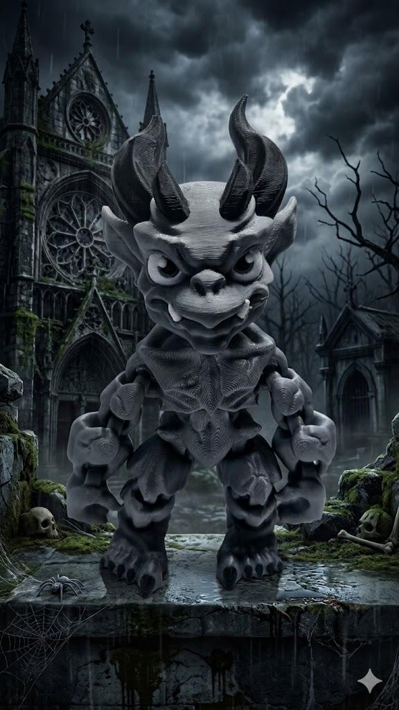 3D printed gothic gargoyle flexi figure standing upright on a flat surface as a spooky Halloween decoration