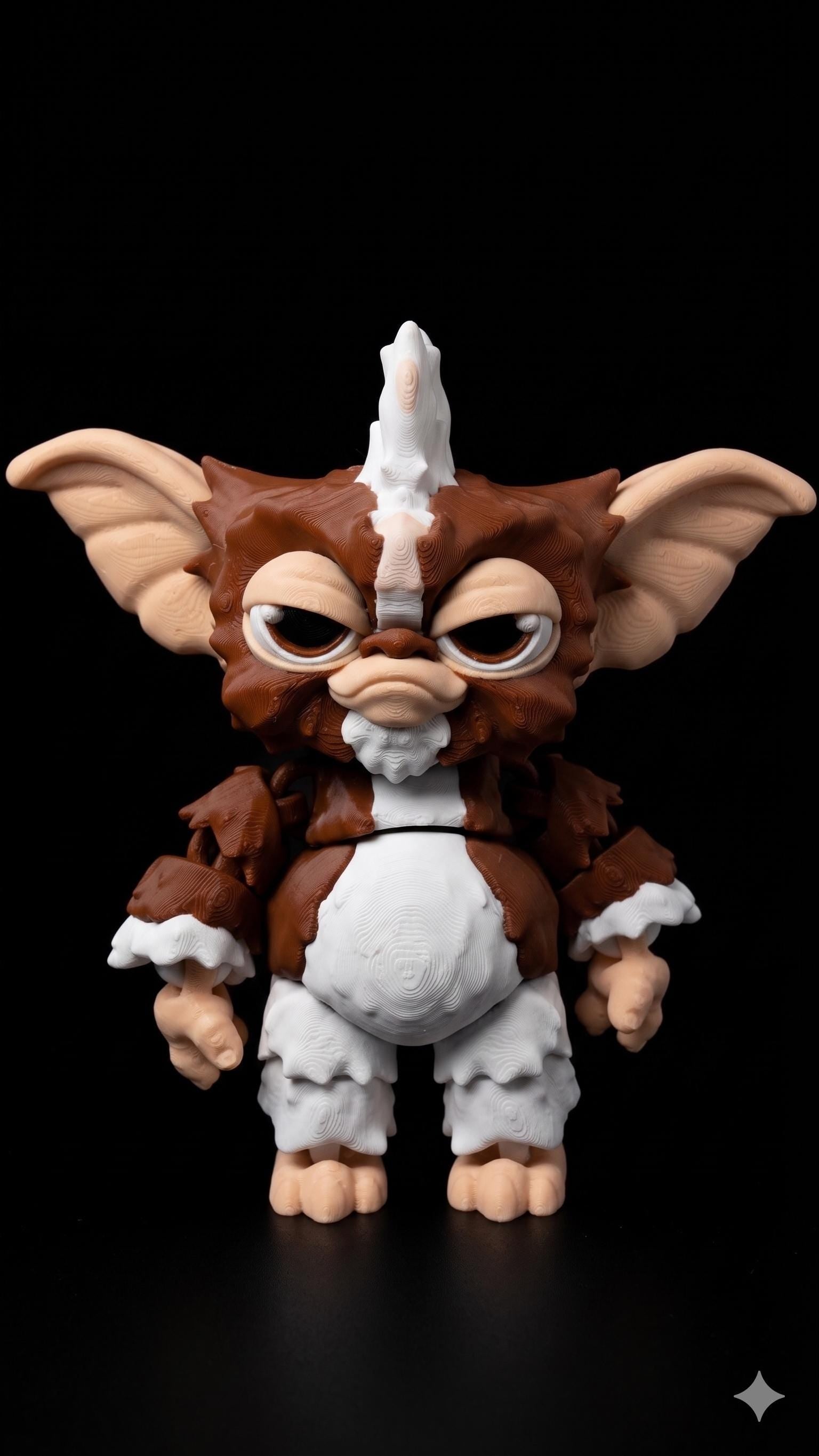 Full-color 3D printed Gizmo Mogwai flexi figure from Gremlins standing upright on a flat surface showing a complete front view