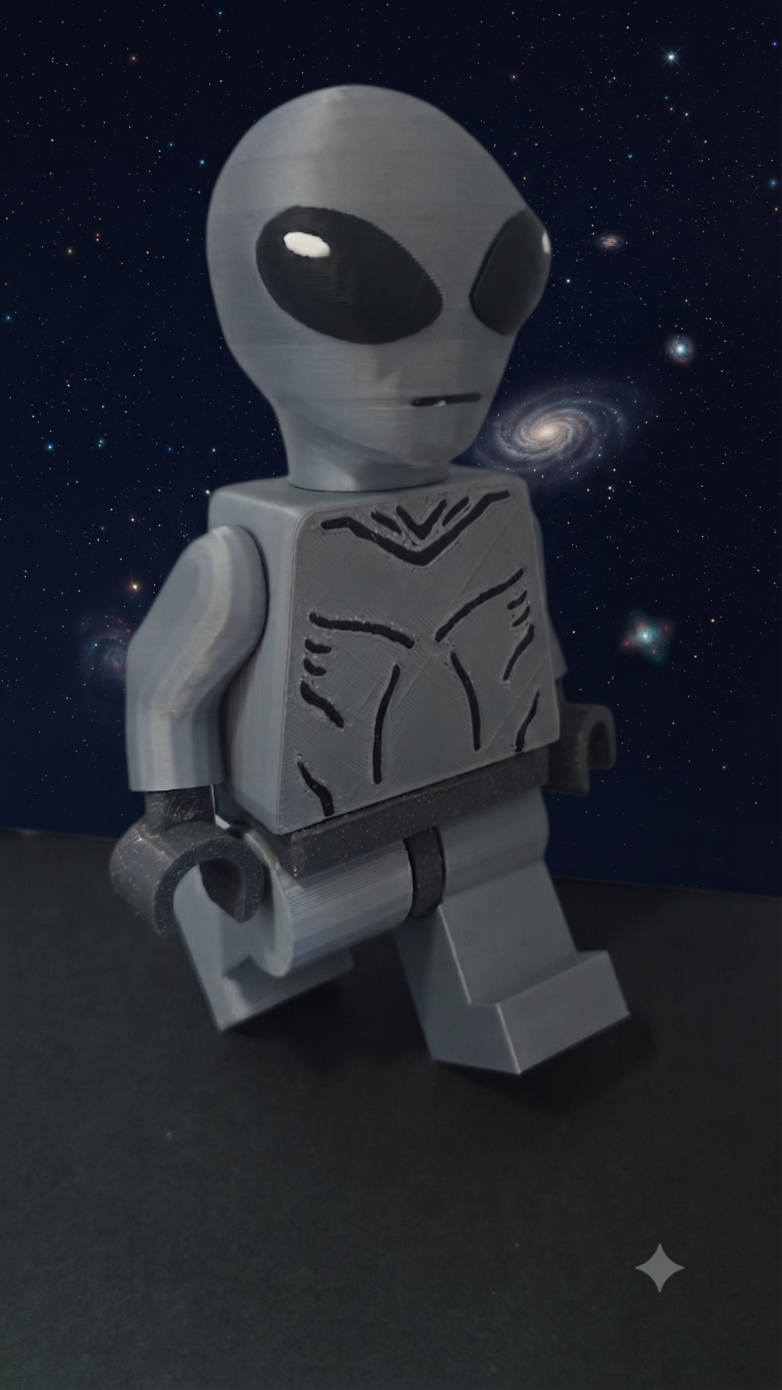Oversized Grey Alien brick megafig walking against a starry galaxy background