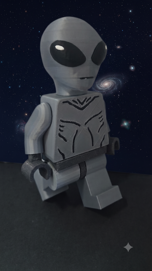 Oversized Grey Alien brick megafig walking against a starry galaxy background