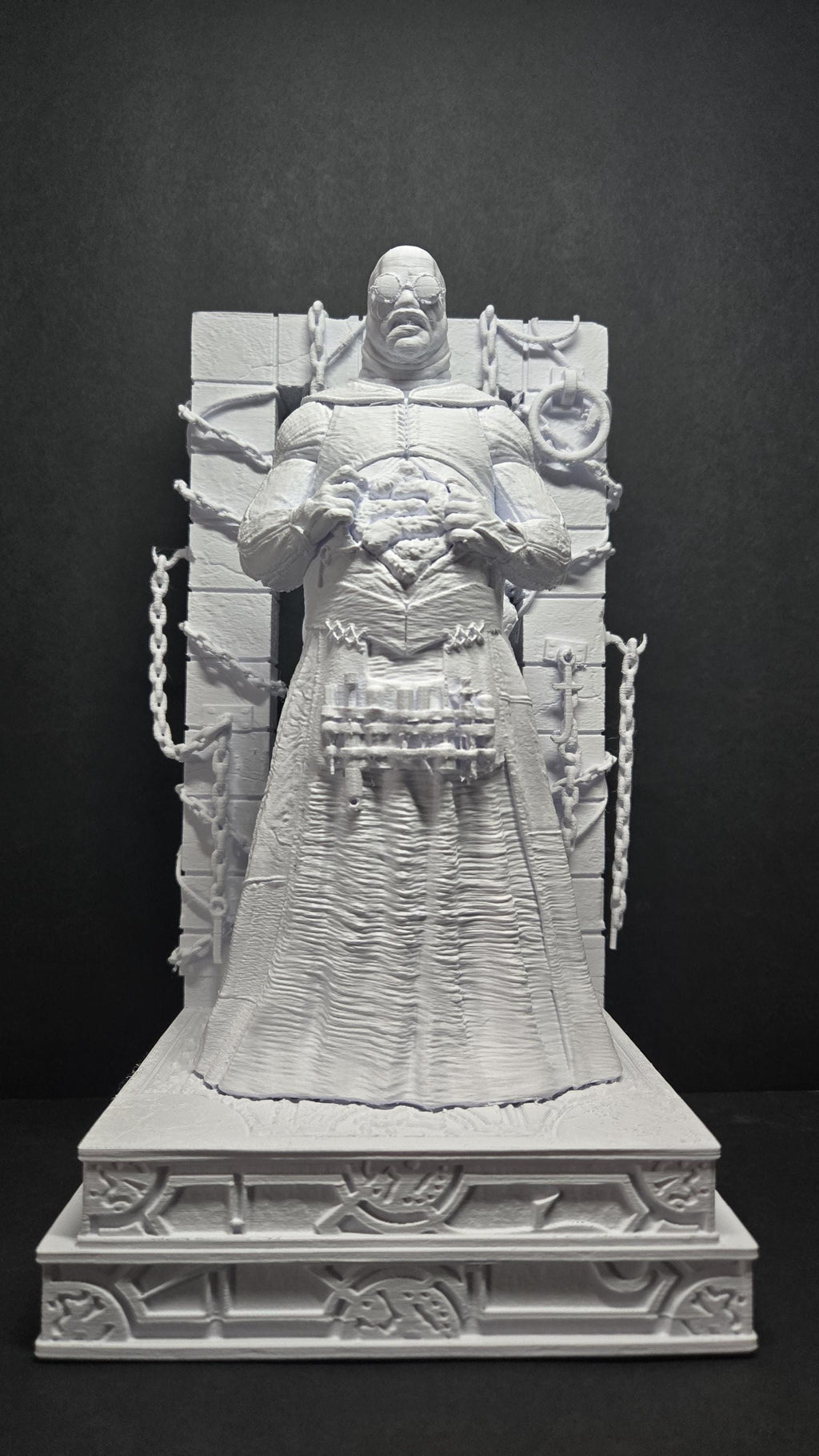Straight front view of the unpainted 3D printed Cenobite diorama statue