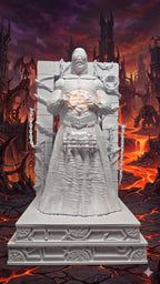 Stylized view of the unpainted Hellraiser Cenobite diorama standing in a cinematic lava and hellscape background