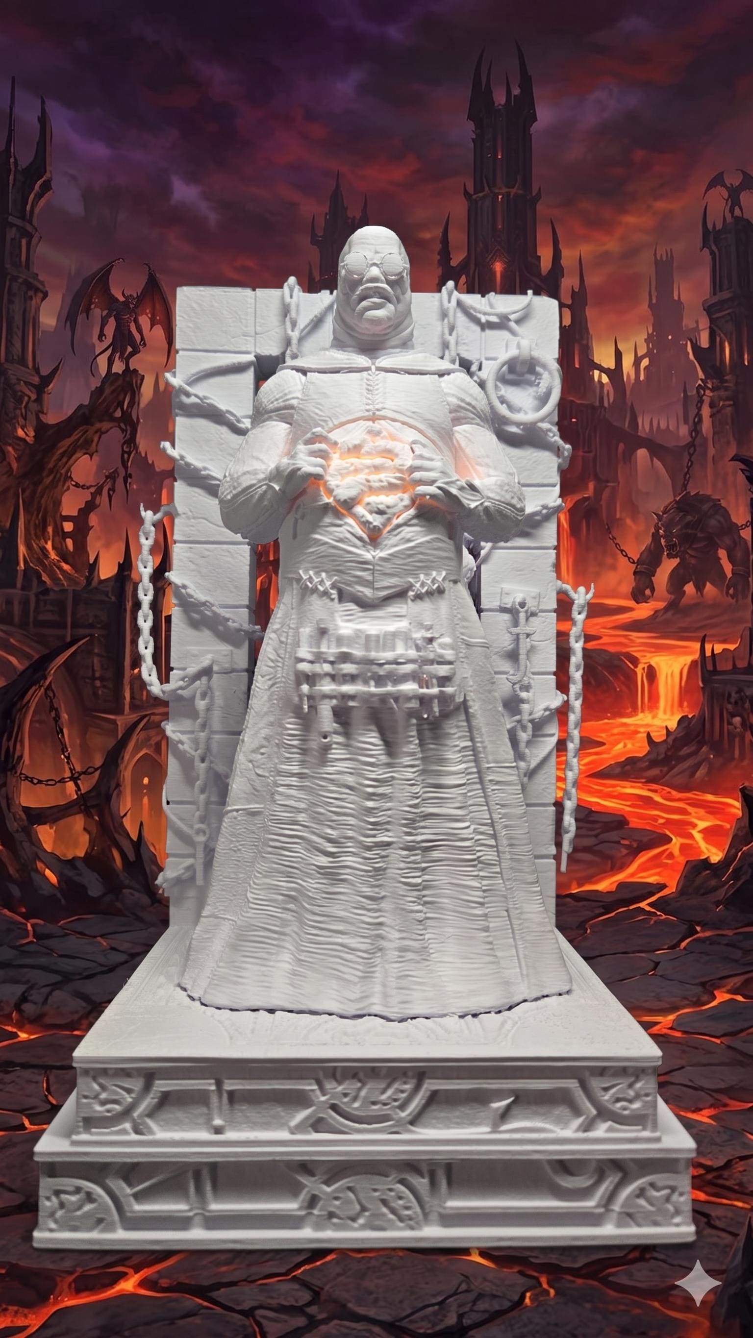 Stylized view of the unpainted Hellraiser Cenobite diorama standing in a cinematic lava and hellscape background