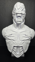 Unpainted white 3D printed Chatterer Cenobite bust from Hellraiser showing a complete front view of the grotesque face and leather armor