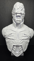 Unpainted white 3D printed Chatterer Cenobite bust from Hellraiser showing a complete front view of the grotesque face and leather armor