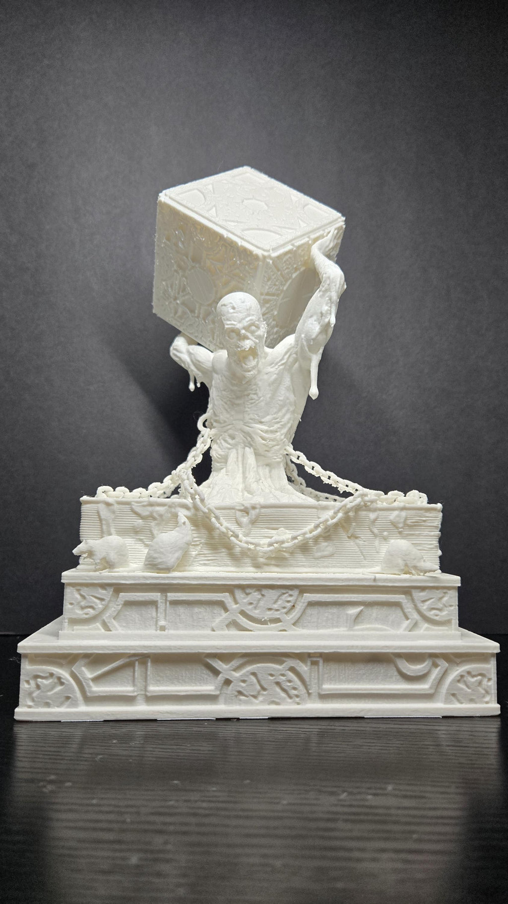 Straight front view of the unpainted 3D printed Hellraiser summoning diorama on a black background