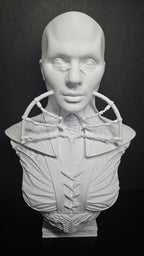 Unpainted white 3D printed Female Cenobite bust from Hellraiser showing a complete front view of the face and armor