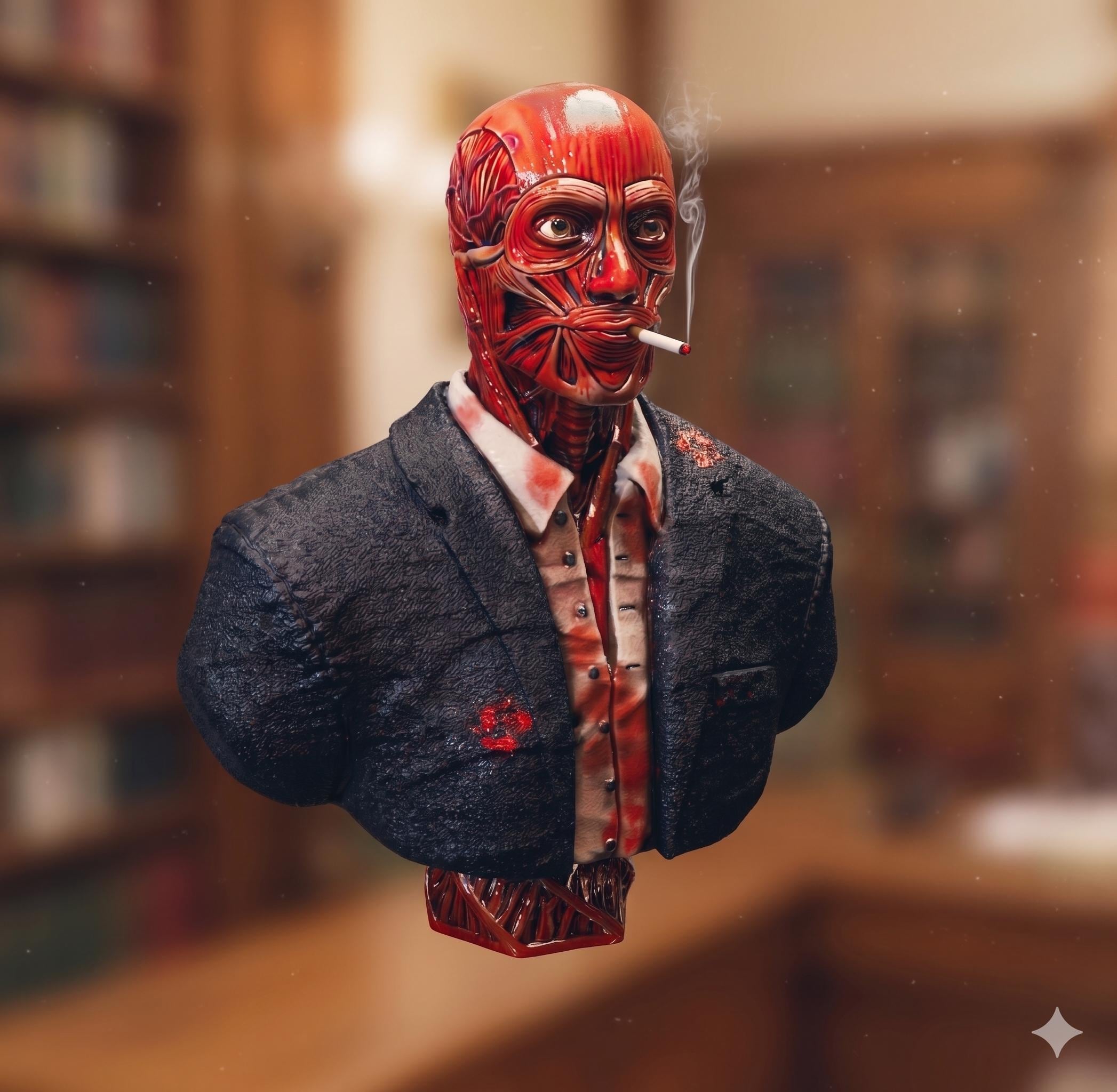 Fully painted concept view of the 3D printed Frank Cotton bust showcasing raw red muscle fibers and a black suit against a blurred room background