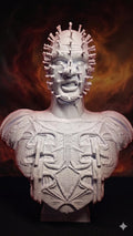 3D printed unpainted Pinhead Cenobite bust from Hellraiser displayed against a dramatic dark smoky orange background