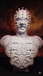 3D printed unpainted Pinhead Cenobite bust from Hellraiser displayed against a dramatic dark smoky orange background